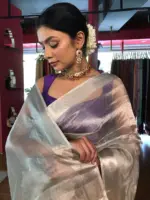 Silver Tissue Silk Saree with Woven Silver Zari Border - Image 4