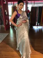 Silver Tissue Silk Saree with Woven Silver Zari Border - Image 7