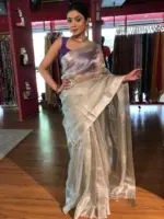 Silver Tissue Silk Saree with Woven Silver Zari Border - Image 5