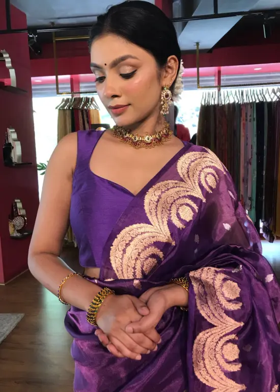 Purple Tissue Silk Saree with Scallop Gold Zari Weaves