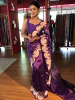 Purple Tissue Silk Saree with Scallop Gold Zari Weaves - Image 5