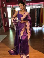 Purple Tissue Silk Saree with Scallop Gold Zari Weaves - Image 2