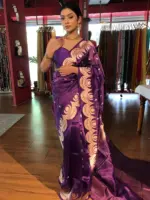 Purple Tissue Silk Saree with Scallop Gold Zari Weaves - Image 4