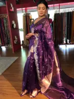 Purple Tissue Silk Saree with Scallop Gold Zari Weaves - Image 3