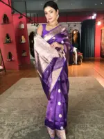 Purple Tissue Silk Saree with Gold Kadhwa Zari Motifs - Image 3