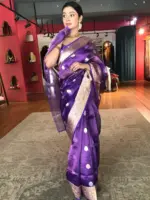Purple Tissue Silk Saree with Gold Kadhwa Zari Motifs - Image 5