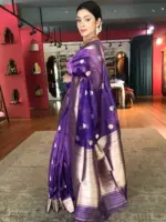 Purple Tissue Silk Saree with Gold Kadhwa Zari Motifs - Image 4