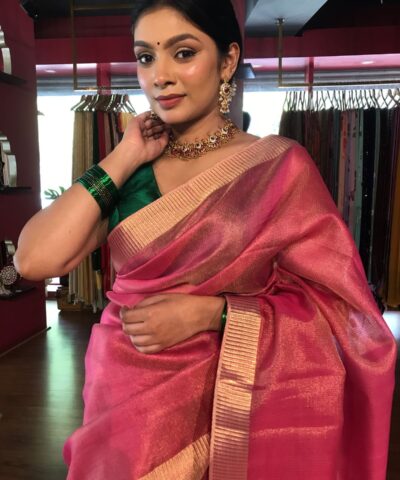 Pink Tissue Silk Saree with Self Design Border