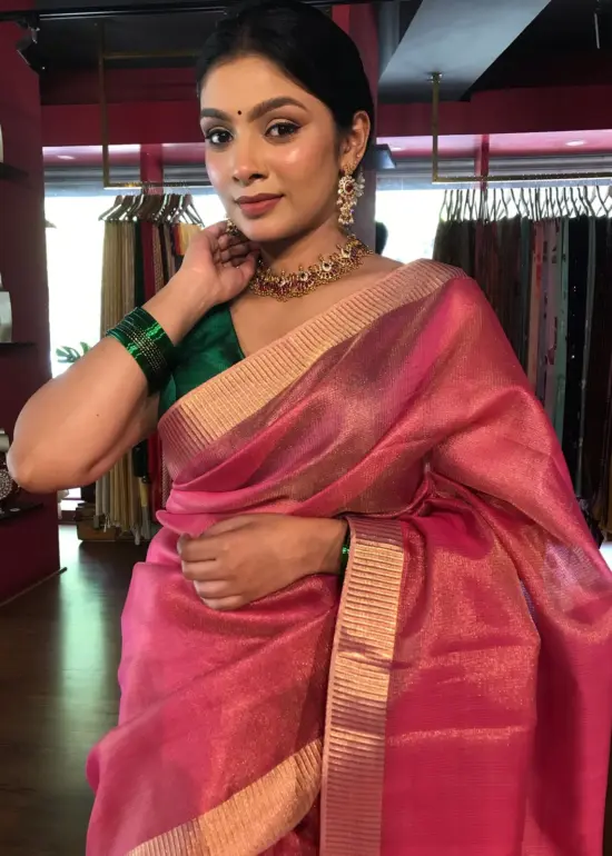 Pink Tissue Silk Saree with Self Design Border