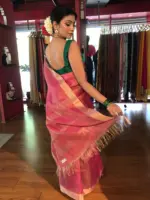 Pink Tissue Silk Saree with Self Design Border - Image 7