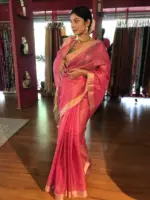 Pink Tissue Silk Saree with Self Design Border - Image 3