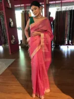 Pink Tissue Silk Saree with Self Design Border - Image 2