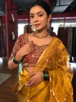 Mustard Yellow Tissue Silk Saree with Gold Zari Buttis