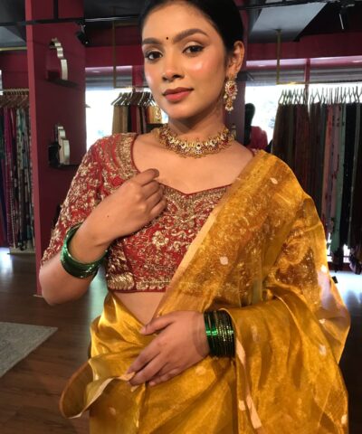 Mustard Yellow Tissue Silk Saree with Gold Zari Buttis