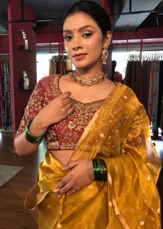 Mustard Yellow Tissue Silk Saree with Gold Zari Buttis