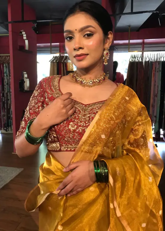 Mustard Yellow Tissue Silk Saree with Gold Zari Buttis