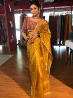 Mustard Yellow Tissue Silk Saree with Gold Zari Buttis - Image 2