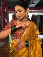 Mustard Yellow Tissue Silk Saree with Gold Zari Buttis - Image 5