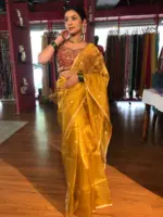 Mustard Yellow Tissue Silk Saree with Gold Zari Buttis - Image 3
