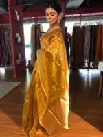 Mustard Yellow Tissue Silk Saree with Gold Zari Buttis - Image 6