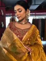 Mustard Yellow Tissue Silk Saree with Gold Zari Buttis - Image 4