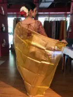 Mustard Yellow Tissue Silk Saree with Gold Zari Buttis - Image 7