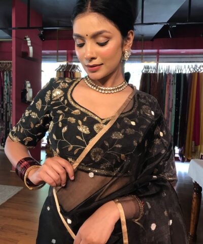 Black Tissue Silk Saree with Gold Zari Buttis