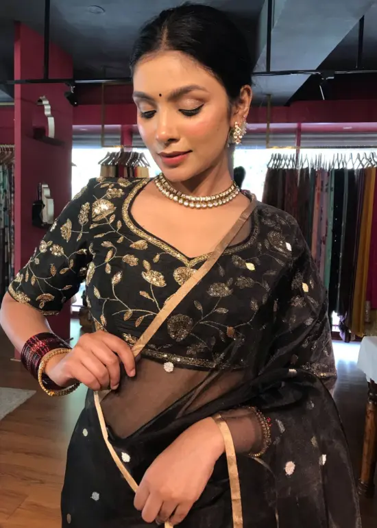 Black Tissue Silk Saree with Gold Zari Buttis