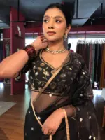 Black Tissue Silk Saree with Gold Zari Buttis - Image 7