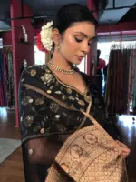 Black Tissue Silk Saree with Gold Zari Buttis - Image 6