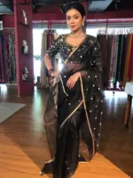 Black Tissue Silk Saree with Gold Zari Buttis - Image 5