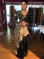 Black Tissue Silk Saree with Gold Zari Buttis - Image 4