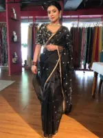 Black Tissue Silk Saree with Gold Zari Buttis - Image 2