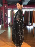 Black Tissue Silk Saree with Gold Zari Buttis - Image 3
