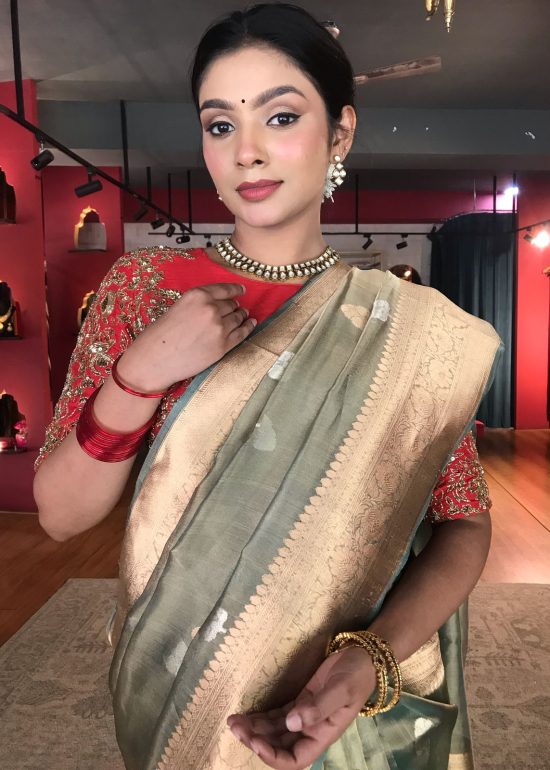 Sea Green Handwoven Tissue Silk Saree with Kadhwa Zari Motifs