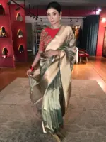 Sea Green Handwoven Tissue Silk Saree with Kadhwa Zari Motifs - Image 2