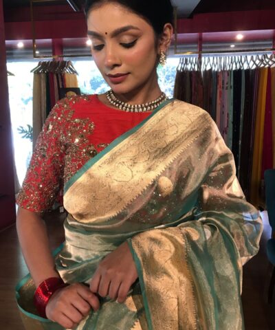 Sea Green Handwoven Tissue Silk Saree with Kadhwa Zari Motifs