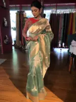 Sea Green Handwoven Tissue Silk Saree with Kadhwa Zari Motifs - Image 8