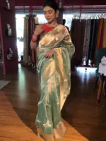 Sea Green Handwoven Tissue Silk Saree with Kadhwa Zari Motifs - Image 2