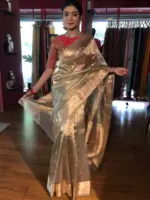 Grey Handwoven Tissue Silk Saree with Kadhwa Zari Motifs - Image 6