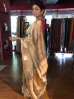 Grey Handwoven Tissue Silk Saree with Kadhwa Zari Motifs - Image 5