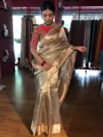 Grey Handwoven Tissue Silk Saree with Kadhwa Zari Motifs - Image 4