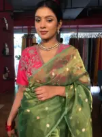 Green Tissue Silk Saree with Gold Zari Buttis