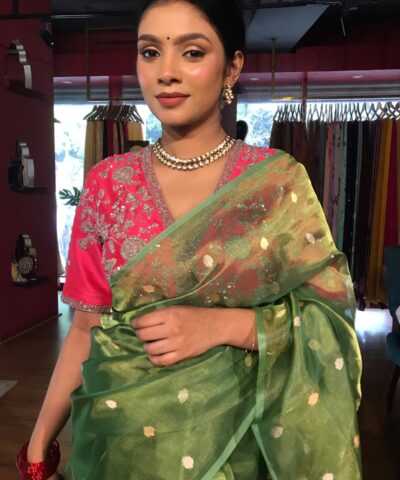 Green Tissue Silk Saree with Gold Zari Buttis