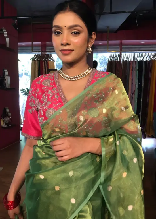 Green Tissue Silk Saree with Gold Zari Buttis