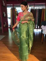 Green Tissue Silk Saree with Gold Zari Buttis - Image 9