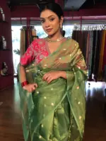 Green Tissue Silk Saree with Gold Zari Buttis - Image 8