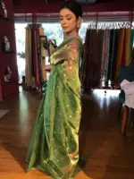 Green Tissue Silk Saree with Gold Zari Buttis - Image 7