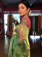 Green Tissue Silk Saree with Gold Zari Buttis - Image 4