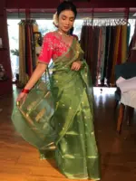 Green Tissue Silk Saree with Gold Zari Buttis - Image 5